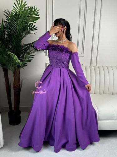 فستان موف ملكي مزين بورود وتطريز | Cutecci