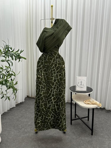 فستان سهره زيتوني بتطريز فاخر