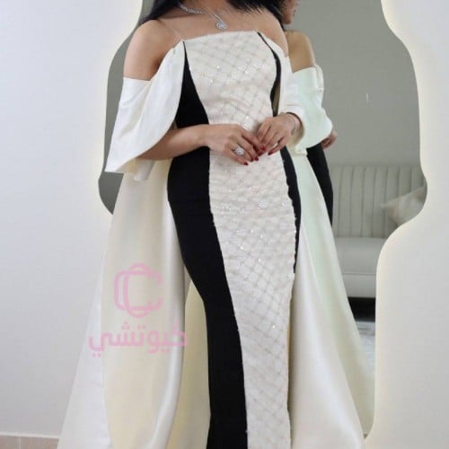 فستان سهرة أبيض وأسود أوف شولدر أنيق