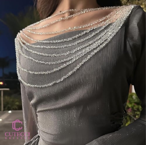 فستان رصاصي غامق كرينكل ربط من كيوتشي