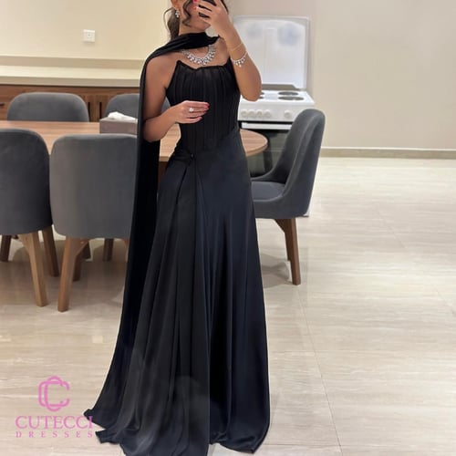فستان سهرة أسود مع شال وصدر شيفون وتفته – فخامة وع...