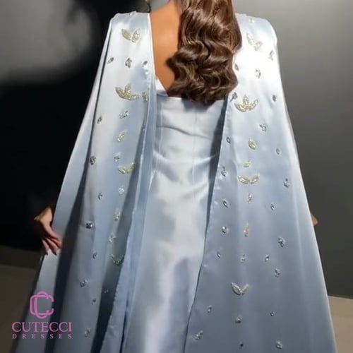 فستان سهرة سماوي كريستال فاخر