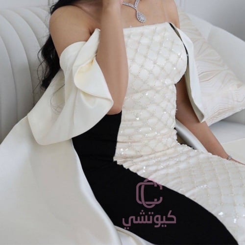 فستان سهرة أبيض وأسود أوف شولدر أنيق