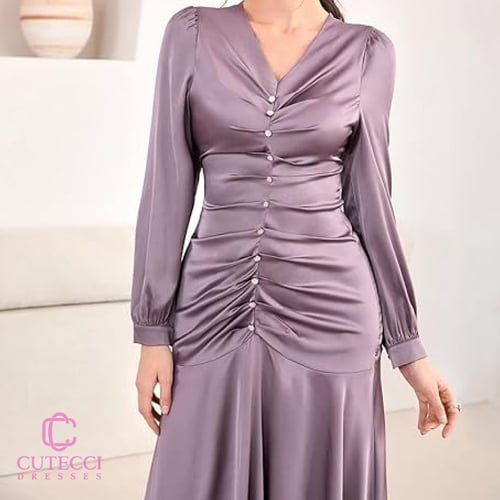 فستان سهرة موف ساتان أنيق مطرز لولو