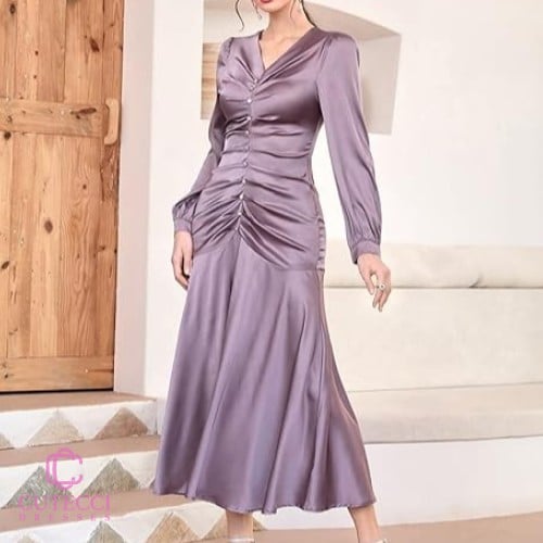 فستان سهرة موف ساتان أنيق مطرز لولو