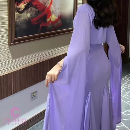 فستان سهرة موف ملكي بأكمام منسدلة