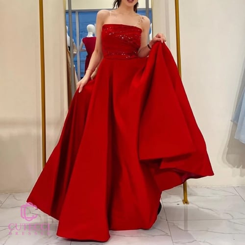 فستان سهرة أحمر تفته مطفي كلوش – فخامة ملكية للمنا...