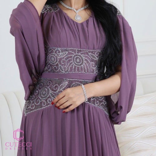 فستان سهرة بنفسجي شيفون مطرز