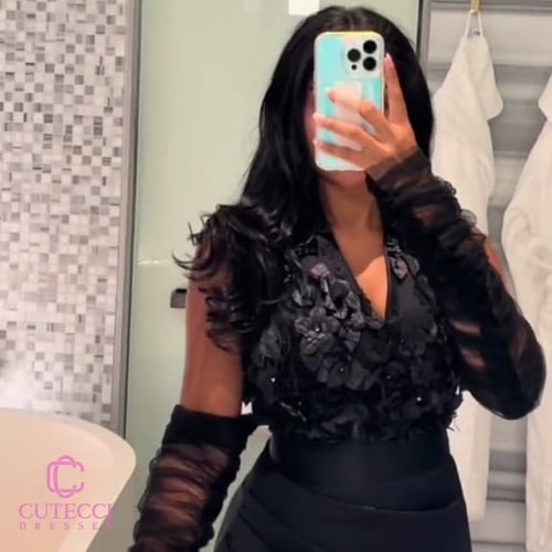 فستان سهرة أسود مطرز بورد فاخر