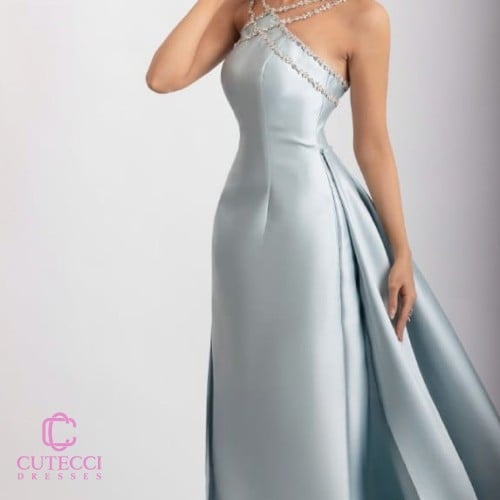 فستان ميكادو رصاصي بتطريز فصوص كرستال – موديل ملكي...