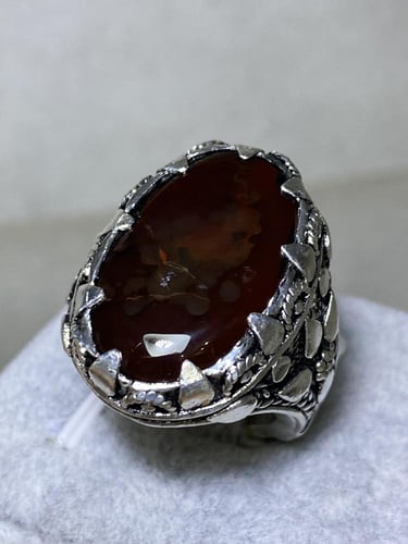خاتم فضه بحجر عقيق يماني كرزي مزعفر خام نخب صياغه...