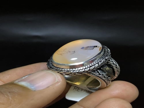 خاتم فضه بحجر العقيق اليماني الشجري صياغة سلك بختم...