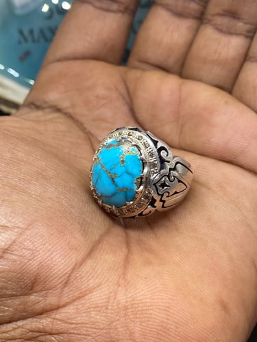 خاتم الفضة بحجر فيروز نيشابوري ايراني بصياغة حُجت...