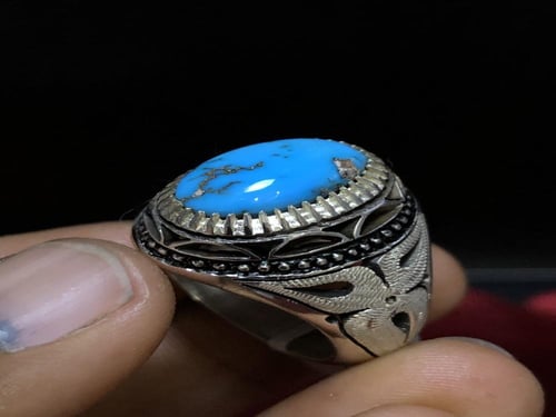 خاتم فضه بحجر الفيروز النيشابوري صياغة ايرانيه (ها...