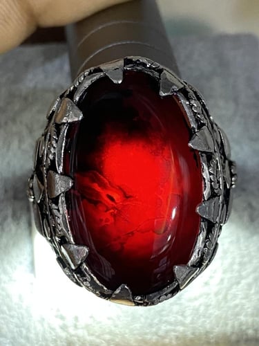 خاتم فضه بحجر عقيق يماني كرزي مزعفر خام نخب صياغه...