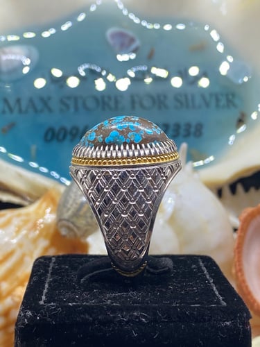 خاتم الفضة بحجر فيروز نيشابوري ايراني بصياغة عباسي...