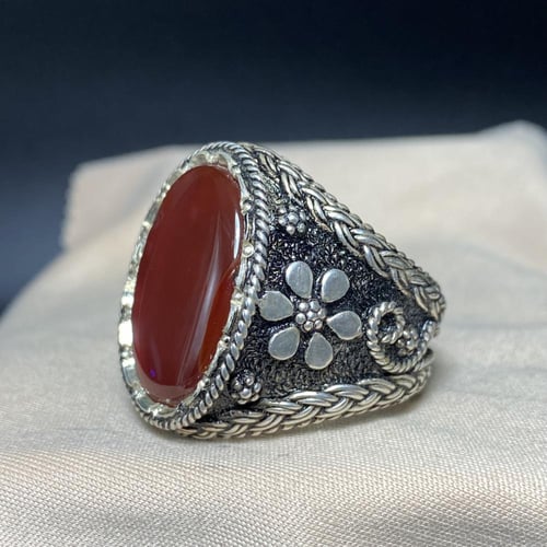 خاتم فضه بحجر العقيق اليماني الاحمر صياغ سلك الولي...