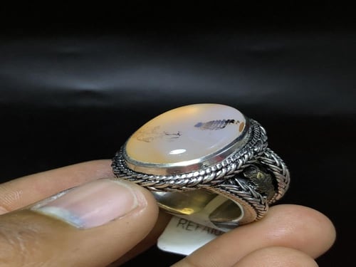 خاتم فضه بحجر العقيق اليماني الشجري صياغة سلك بختم...