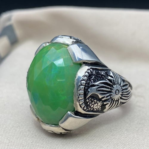 خاتم فضه بحجر اوبال اثيوبي اخضر بصياغة غلام البرتا...