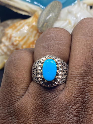 خاتم الفضة بحجر فيروز نيشابوري ايراني صافي بصياغة...