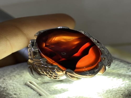 خاتم فضه بحجر العقيق اليماني الأحمر الزجاجي المزعف...