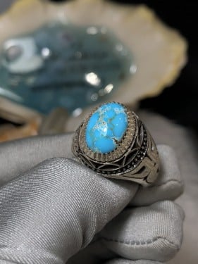 خاتم فضه بحجر الفيروز النيشابوري صياغة ايرانيه (ها...