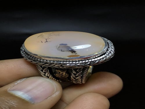 خاتم فضه بحجر العقيق اليماني الشجري صياغة سلك بختم...