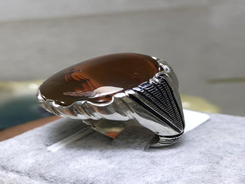 خاتم فضه بحجر العقيق اليماني المزعفر الزيتي صياغة...