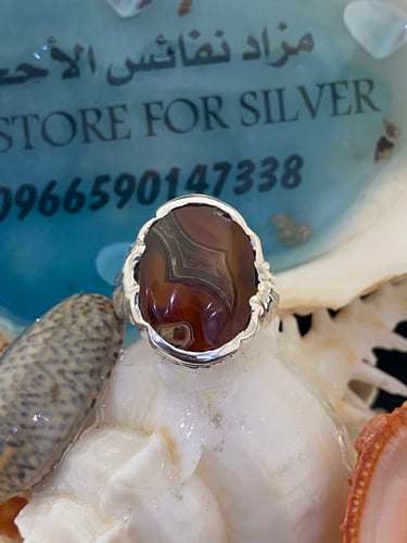 خاتم الفضة بحجر عقيق يماني زعفراني من النوادر بصيا...