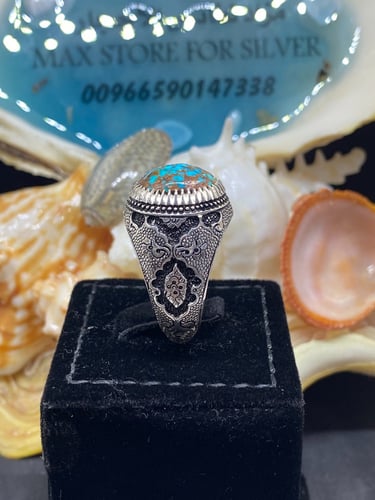 خاتم الفضة بحجر فيروز نيشابوري ايراني بصياغة عباسي...