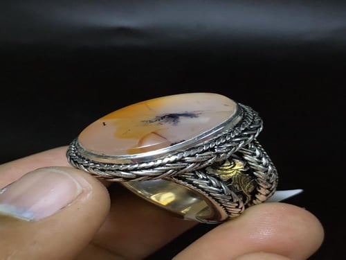 REFAI059 خاتم فضة سلك الرفاعي مع حجر شجري مميز