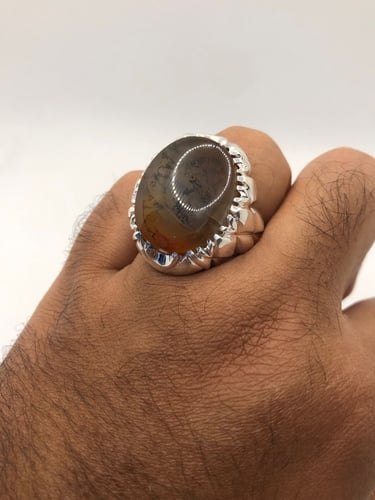 خاتم الفضة بحجر العقيق اليماني الشجري الطبيعي صياغ...