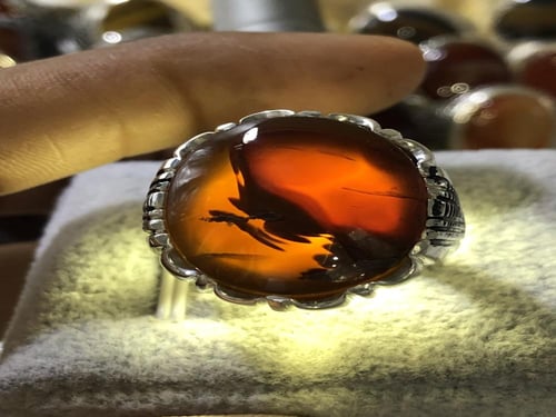 خاتم فضه بحجر العقيق اليماني المزعفر الزيتي صياغة...