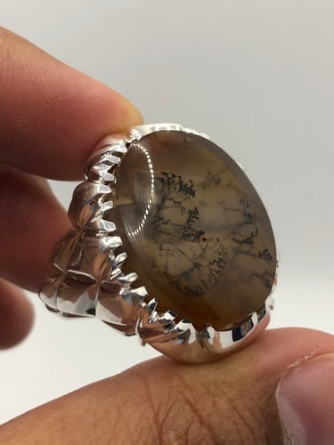 خاتم الفضة بحجر العقيق اليماني الشجري الطبيعي صياغ...