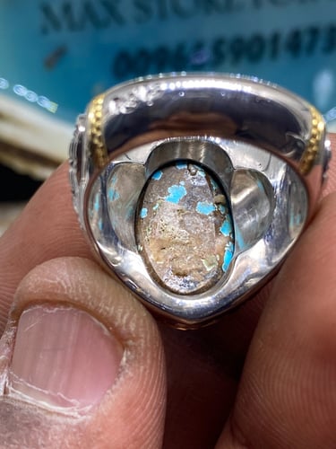 خاتم الفضة بحجر فيروز نيشابوري ايراني بصياغة عباسي...