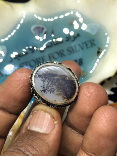 خاتم الفضة بحجر عقيق يماني مشجر بصياغة عباسي ار ال...