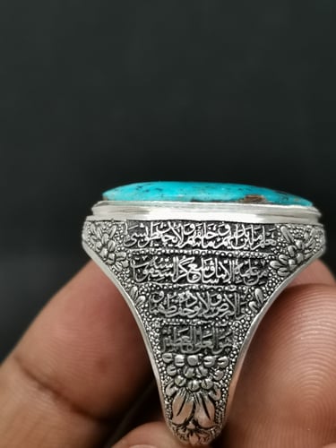 خاتم الفضة بحجر فيروز نيشابوري ايراني بصياغة نقرة...