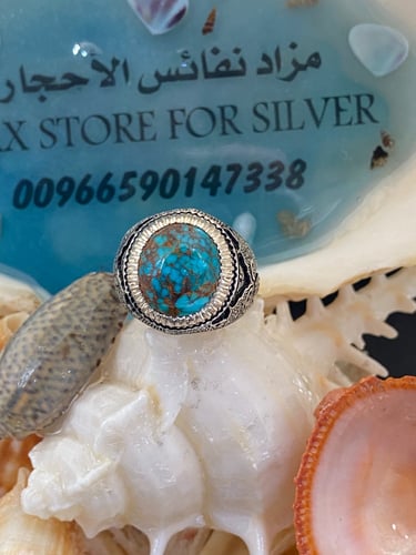 خاتم الفضة بحجر فيروز نيشابوري ايراني بصياغة عباسي...