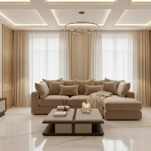 كنب حرف L مريح بتصميم ذكي لتوفير المساحة- لون بيج