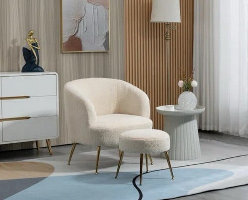 كرسي بوكليه خشبي مع بوف - بيج