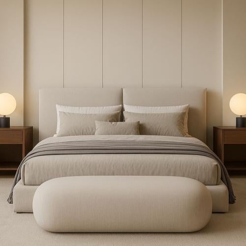 سرير مودرن – لون بيج دافئ – تصميم راقٍ مع بوف