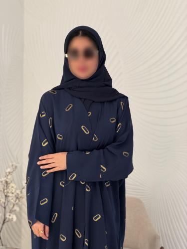 عباية ميلانو حرير إيطالي كحلي بنقوش ذهبية مع طرحة