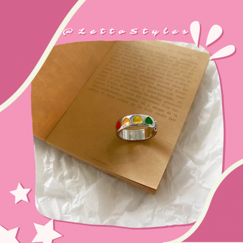 خاتم قلوب ملونه فضي