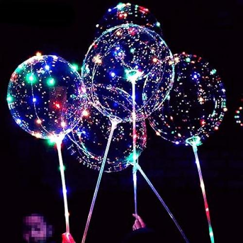 بالون بوبو شفاف مزود بإضاءة LED ملونة وعصا حمل (15...