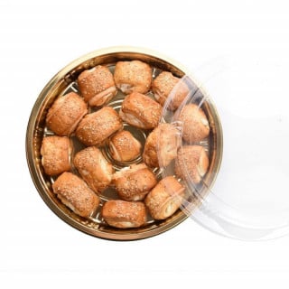 10 صحون بلاستيكية دائرية ذهبية بغطاء شفاف