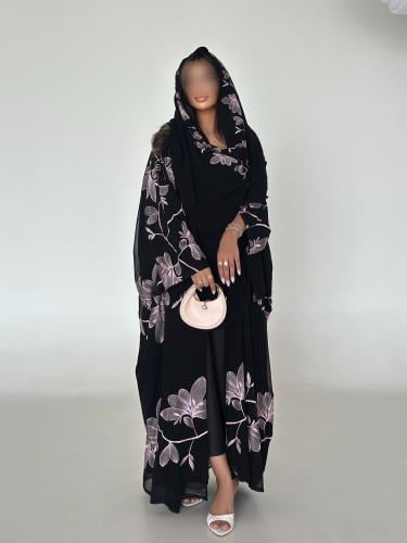 Lightweight chiffon abaya with half butterfly embroidery {OL-595}