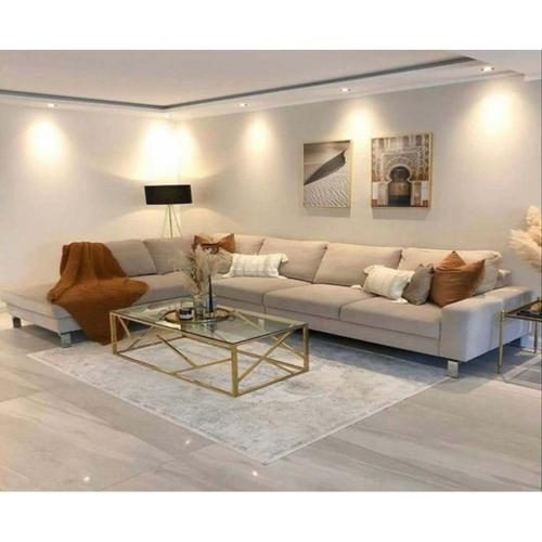 كنبة زاوية كتان ومعدن وخشب سويدي - بيج