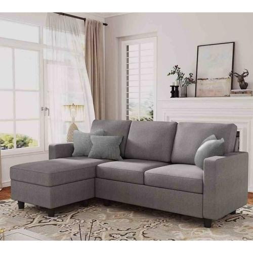 كنبة ركنة خشب طبيعي و كتان - رمادي