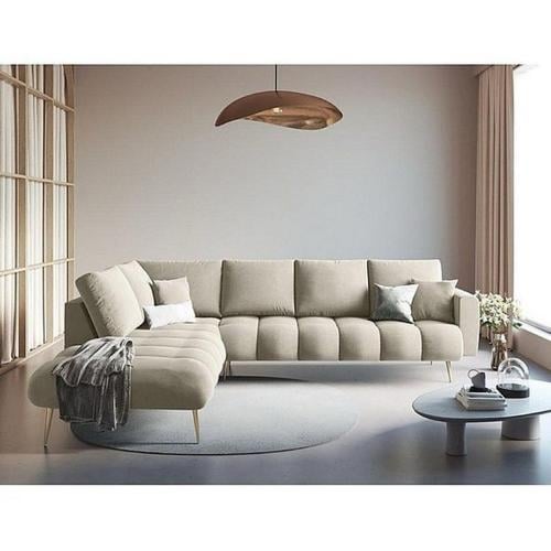 كنبة زاوية خشب سويدي وقطيفة - بيج