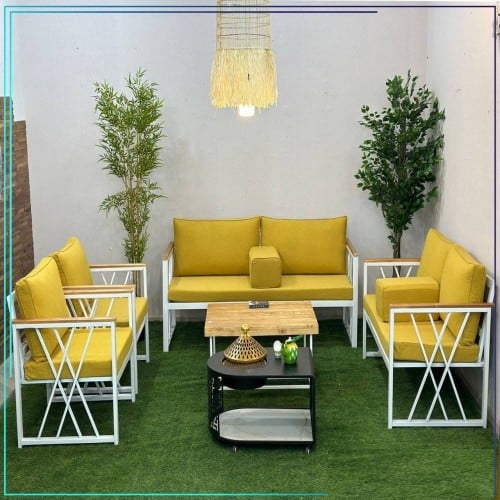 طقم جلسات خارجية حديد ابيض - قماش اصفر